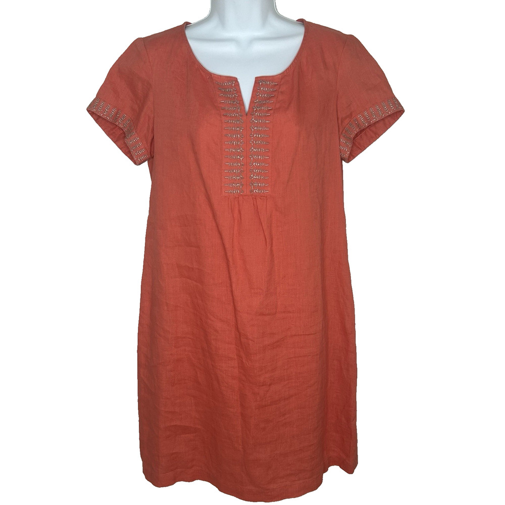 J Jill Linen Dress Size 6P Coral‎ Shift Embroidered Trim V Neck Short Sleeves